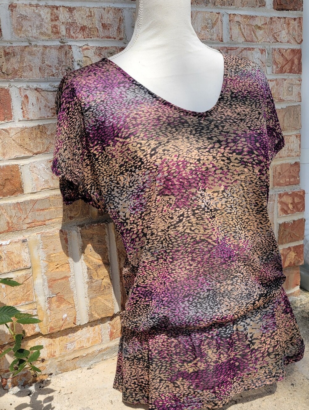 The Limited Purple and Tan Short Sleeve V-Neck Blouse